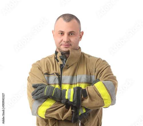 Male firefighter on white b...