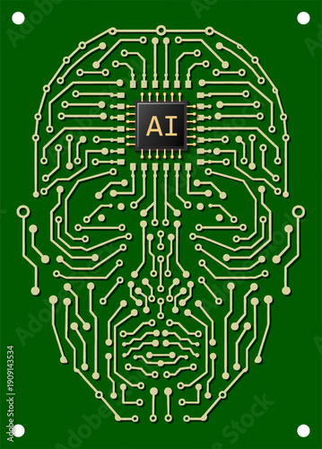 Vector Illustration of Human head formed with electronic circuit lines and AI chip symbolizing artificial intelligence, neural networks, digital technology, ai, circuit, brain, technology, digital