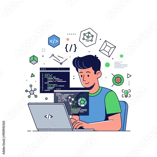 Man coding on laptop surrounded by technology symbols and screens