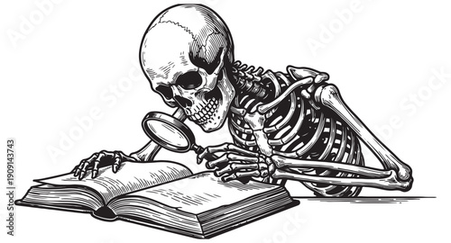 Human skeleton leaning over an open book with a magnifying glass in a detailed vintage engraving style.