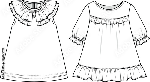 Fashionable Girls' Dress Designs Illustration: A Line Silhouette with Ruffle Details for Spring/Summer Season, Ideal for Fashion Design, Textile Prints, and Apparel Mockups