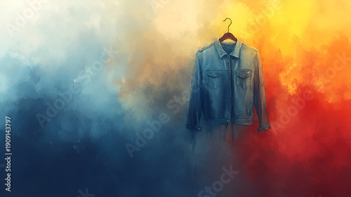Denim jacket hangs against colorful backdrop