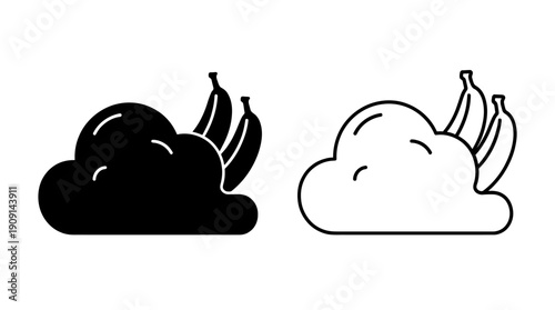 Cloud shapes with bananas on top simple line icons