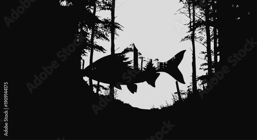Fish Jumping Out of Water in Forest Silhouette