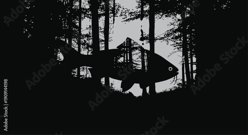 Fish Silhouette in Forest near Water Tower at Dusk