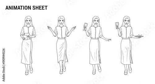 Woman Animation Character Sheet: Poses with Book, Gesturing, Holding Wine Glass, Serving Tray