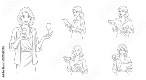 Woman in Business Attire Enjoying Various Activities: Drinks, Food, and Work