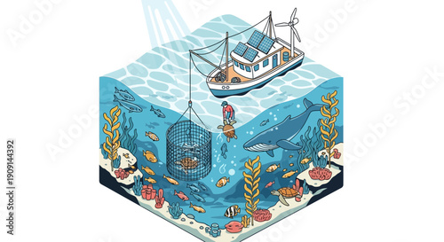 Isometric view of a boat and underwater marine life.