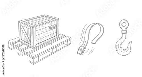 Wooden Crate on Pallet with Lifting Strap and Hook - Warehouse and Logistics Concept