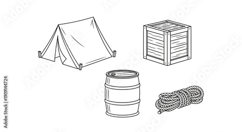 Vintage Camping Gear: Tent, Barrel, Crate, and Rope Illustration