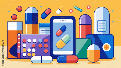 Set of stylized medical tablets and capsules in flat design style, representing pills and healthcare concepts.