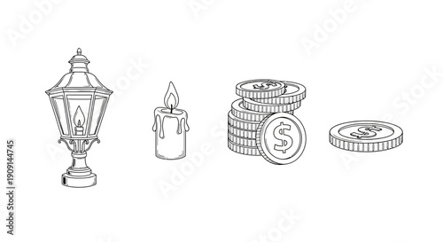 Vintage Lamp, Candle, and Coins: Symbolizing Old Money, Light, and Wealth
