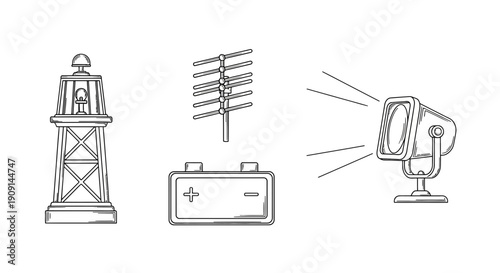 Vintage Lighthouse, Antenna, Battery, Spotlight Icons: Retro Technology and Navigation Concepts