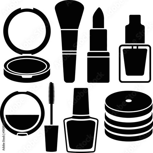 Collection of makeup products and tools