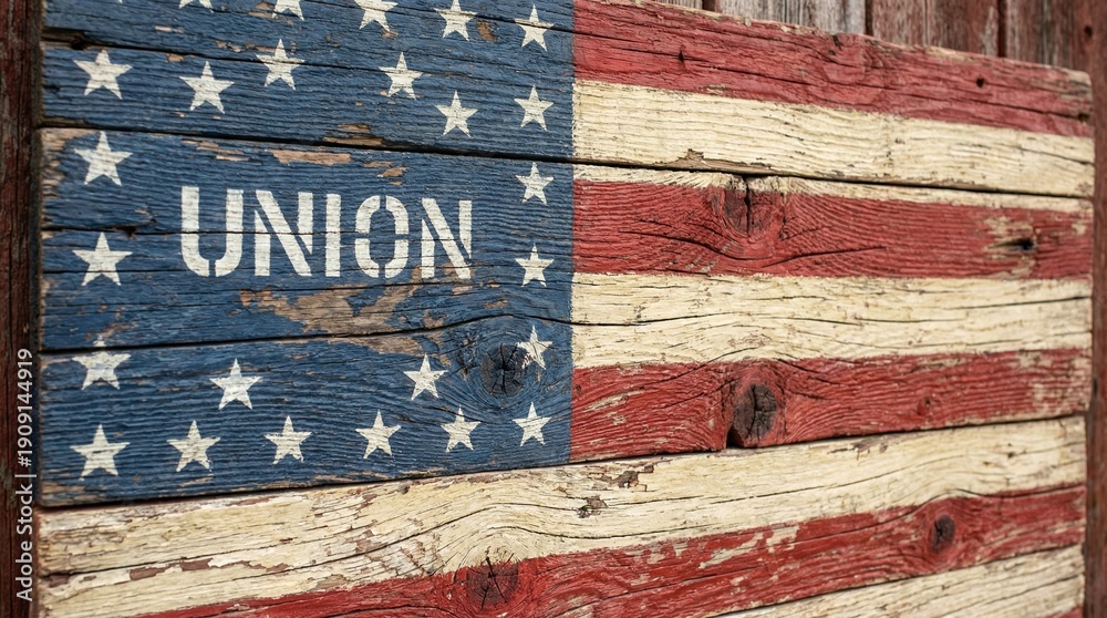 Obraz premium Rustic wooden American flag with “UNION” text on blue field.
