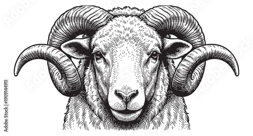 portrait of a ram head with large spiraling horns in a realistic vintage engraving style.