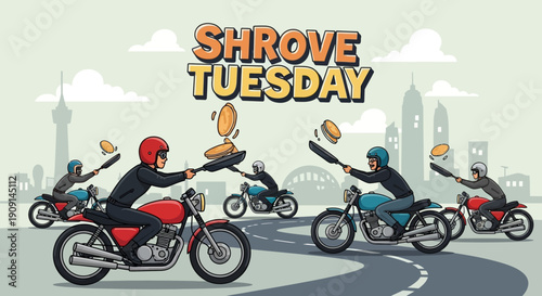 Illustration of motorcyclists flipping pancakes while riding on a road with a cityscape background on Shrove Tuesday, with a vibrant and playful mood.