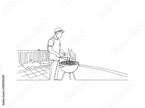 Man Barbecuing Food Outdoors on a Grill