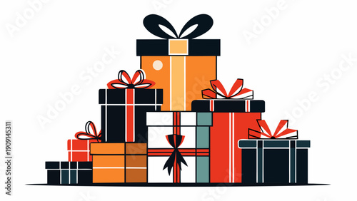 Isolated silhouette of a large stack of holiday gifts, perfect for festive designs and winter celebrations, clean vector illustration.