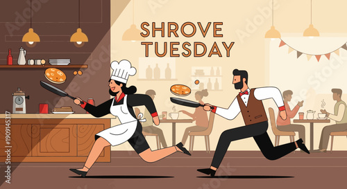 Illustration of a chef and a waiter running in a restaurant flipping pancakes on Shrove Tuesday with a lively atmosphere.