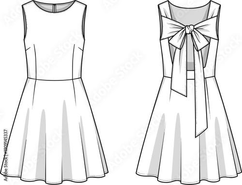 Elegant Sleeveless Dress Design with Bow Detail: A Fashion Forward Technical Drawing for Designers and Pattern Makers, Ready for Apparel Production and Style Guides