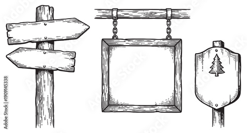 Set of rustic wooden signposts direction arrows and hanging boards in a vintage hand-drawn woodcut style.