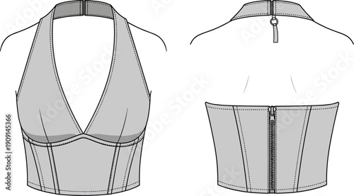 Fashionable Halter Top Technical Drawing for Apparel Design: A Versatile Vector Illustration for Fashion Designers and Pattern Makers Creating Stylish Summer Collections