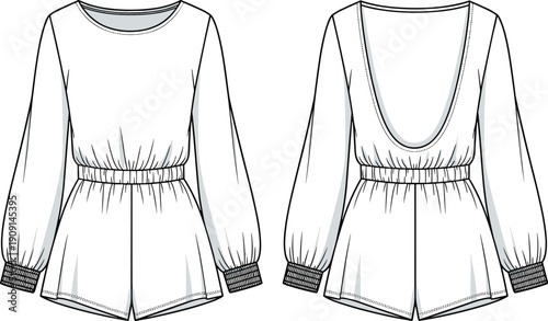 Stylish Women's Romper Fashion Sketch: Front and Back View for Apparel Design Mockups and Technical Drawings, Ideal for Fashion Industry Professionals and Designers