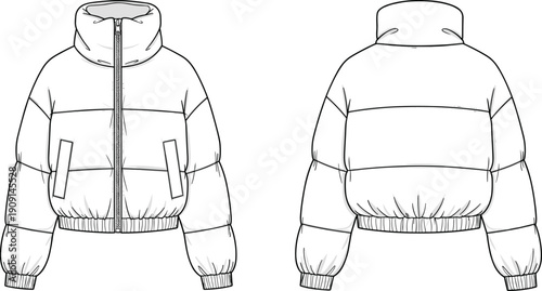 Contemporary Puffer Jacket Fashion Illustration: A Stylish and Trendy Outerwear Design for Fashion Design and Apparel Mockups, Front and Back Views