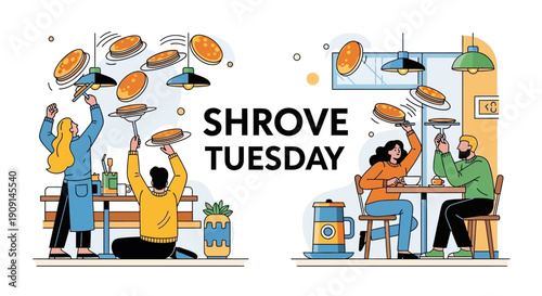 Illustration of people celebrating Shrove Tuesday by flipping pancakes in a casual dining setting with a playful and festive atmosphere.