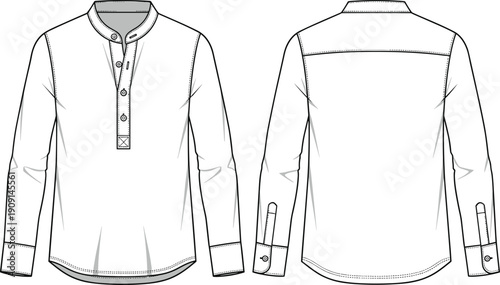 Front and Back View of a Fashionable Grandad Shirt Technical Drawing: Versatile Apparel Design for Online Retail, Fashion Design, and Manufacturing Reference