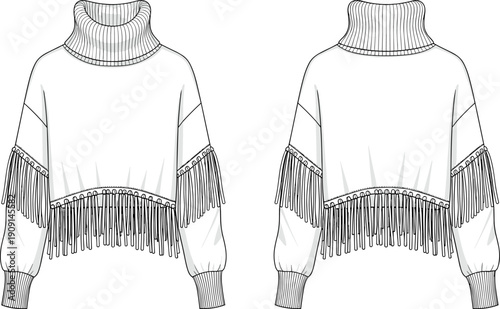 Stylish Fashion Technical Drawing of a White Knit Sweater with Fringe Detail and Turtleneck Design Front and Back Views for Fashion Design and Product Development