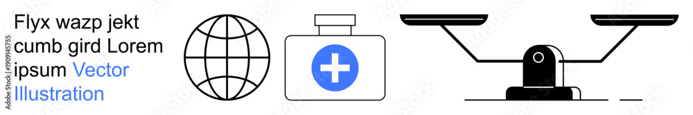 Obraz premium Healthcare, global connectivity, justice, medical services, equality, decision-making. A globe, medical container with cross and scales . Healthcare and global connectivity concept