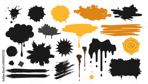 Vector set of messy black ink brush strokes and paint splatters, gritty artistic textures, isolated on white for design.