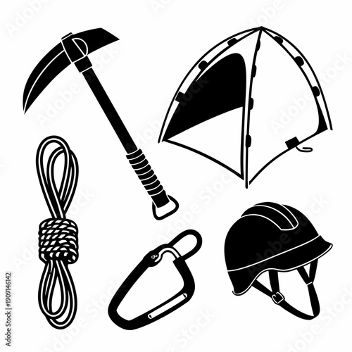 Climbing equipment including pickaxe and helmet