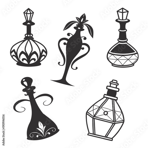 A collection of perfume bottles in various designs