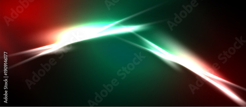 Abstract light streaks, vibrant colors blend. Red, green, white shine against dark background. Dynamic energy radiates from central point.