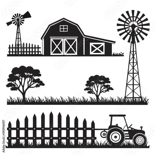 Black and white farm scene with tractor and windmill