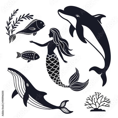 A mermaid and various sea creatures