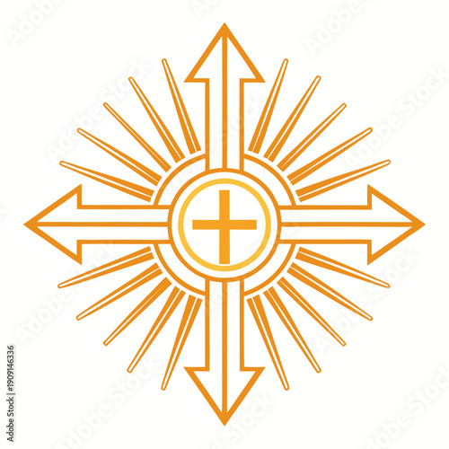 A golden sunburst symbol with a cross in the center and arrows pointing in four directions