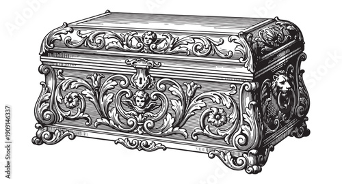 ornate wooden treasure chest with lion head carving and floral filigree baroque style engraving.