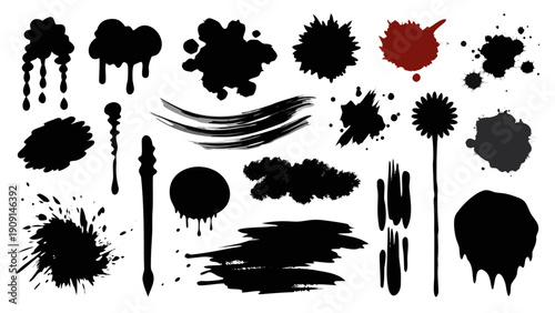 Set of messy black ink brush paint strokes, perfect for creating artistic backgrounds, distressed textures, or energetic designs.