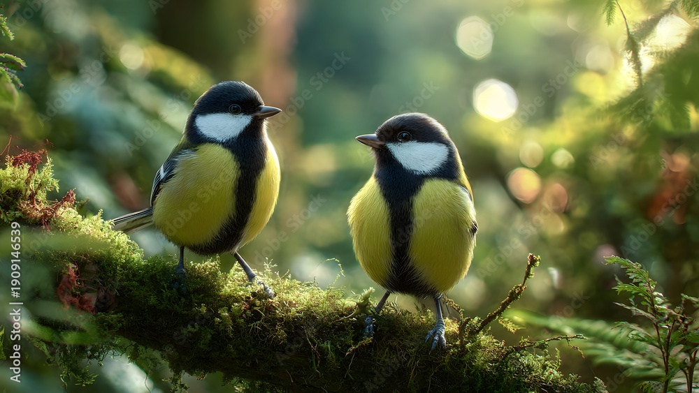 Fototapeta premium Two great tits perched on mossy branch in forest