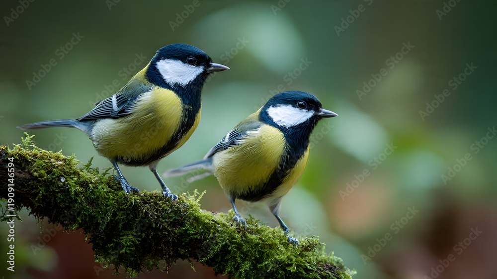 Obraz premium Two adorable great tit birds perched on mossy branch in forest
