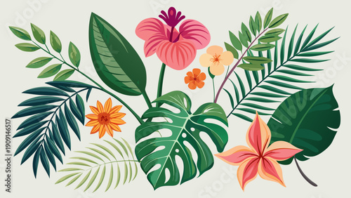 Realistic tropical leaves and exotic flowers collection, great for vibrant summer or botanical themed graphic design projects.
