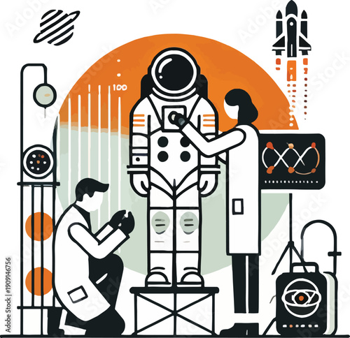 Astronaut suit fitting in science lab with space shuttle