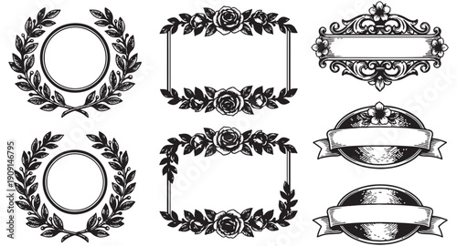 Set of circular laurel wreaths floral rectangular frames and ribbon banners in a vintage ornamental engraving style.