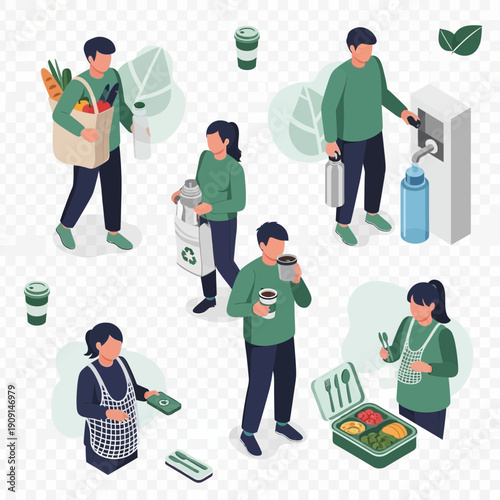 People engaged in eco-friendly activities like shopping and eating.