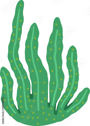 A vibrant green brush painting illustration of swaying underwater seaweed, evoking a serene ocean environment with organic, hand-drawn aquatic plant life