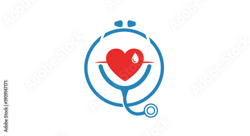 Caring doctor listens to heartbeat with essential medical stethoscope and vital blood drop emblem for health awareness and diagnosis
